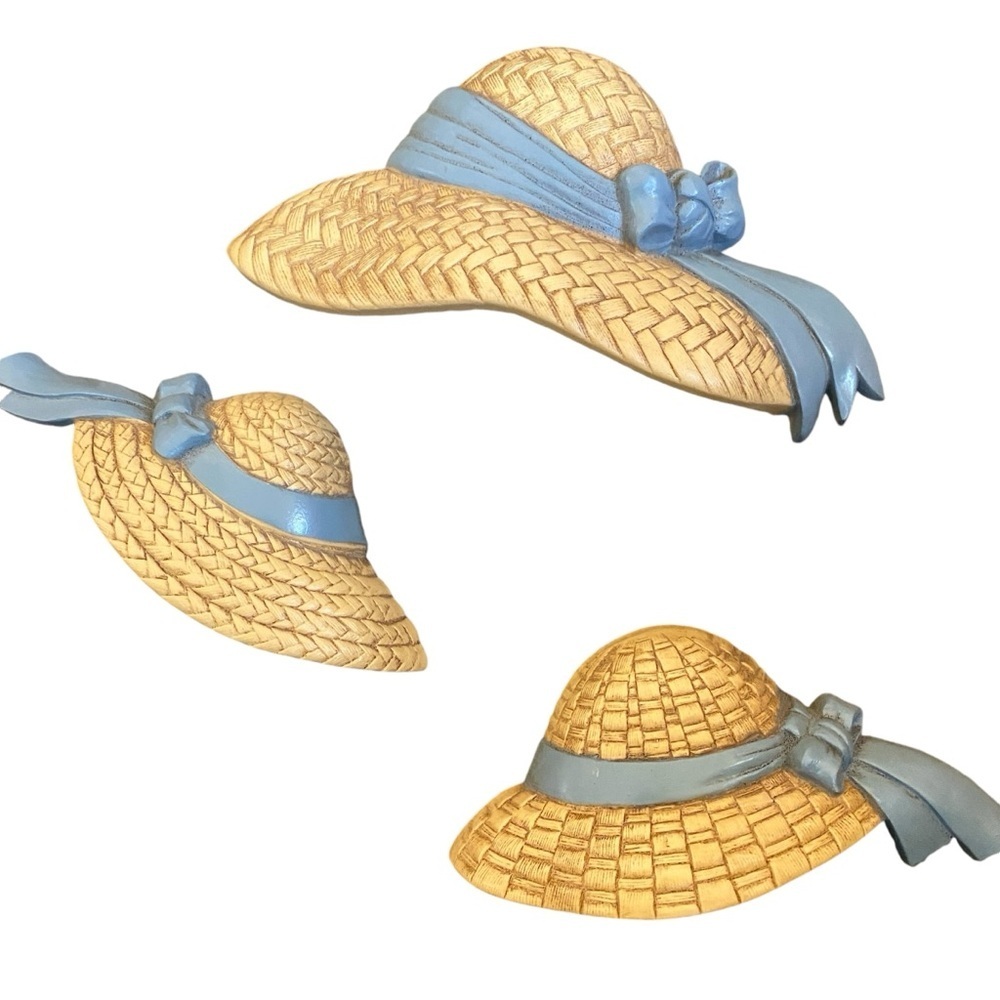 BURWOOD Vintage Straw Hats with Ribbons Wall Hanging 1980's MADE IN USA Set of 3